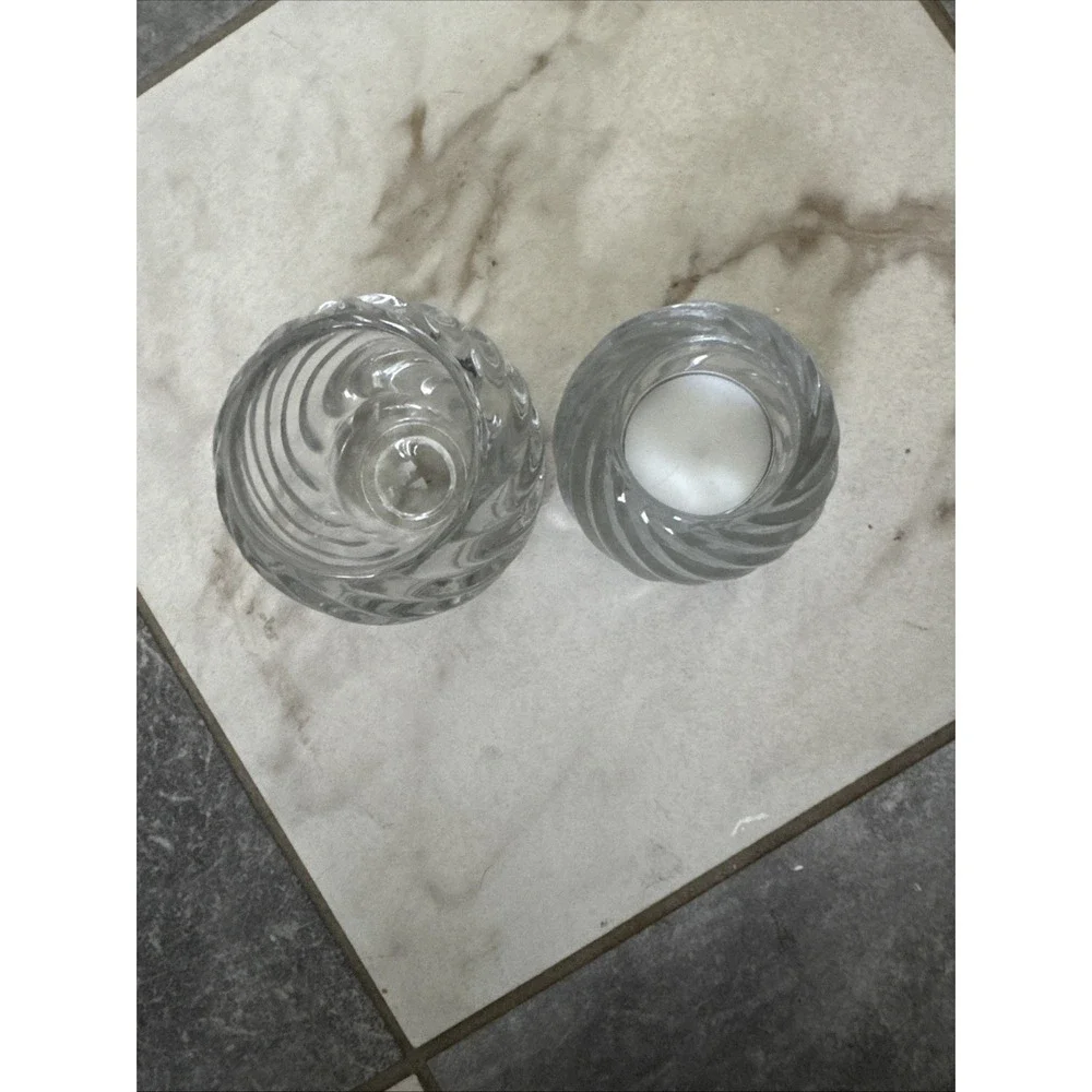 Set of 2 Swirled Glass Votive Candle Holders Clear Swirl Textured Decor
